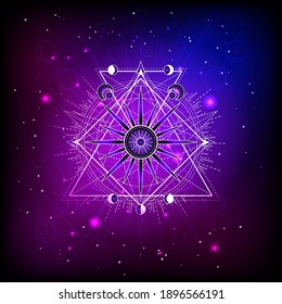 Vektorgrafik des Symbols für die Heilige Geometrie auf abstraktem Hintergrund. Mystisches Zeichen in Linien gezeichnet. Bild in violetter Farbe. Für Sie Design oder Zauberkunst.