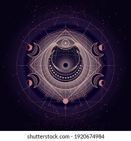 Ilustración vectorial del símbolo de geometría sagrada sobre fondo abstracto. Signo místico dibujado en líneas. Imagen de color púrpura. 