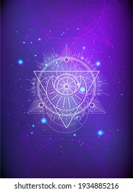 Vector illustration of Sacred geometry symbol on abstract background. Mystic sign drawn in lines. Image in purple color.