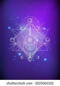 Vector illustration of Sacred geometry symbol on abstract background. Mystic sign drawn in lines. Image in purple color. 