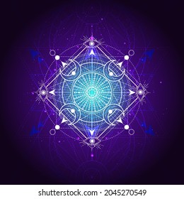 Vector illustration of Sacred geometry symbol on abstract background. Mystic sign drawn in lines. Image in purple color. 