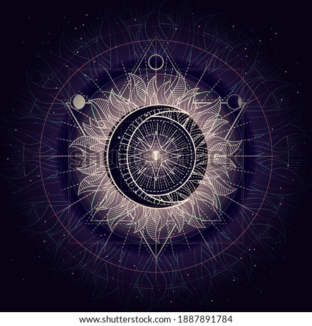 Vector illustration of Sacred geometry symbol on abstract background. Mystic sign drawn in lines. Image in purple color. 