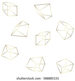 Vector illustration. Sacred geometry symbols and elements wallpaper seamless textile pattern. Gold outline cube and geometric shapes. Useful for wrapping, web backgrounds and fabric design.