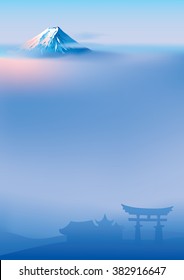 Vector illustration of sacred Japanese Torii gates and Fuji mountainFuji and torii