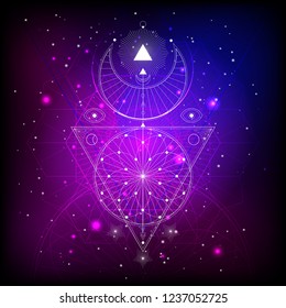 Vector illustration of Sacred or mystic symbol on abstract background. Geometric sign drawn in lines. Multicolored. For you design and magic craft.