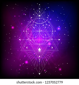 Vector illustration of Sacred or mystic symbol on abstract background. Geometric sign drawn in lines. Multicolored. For you design and magic craft.