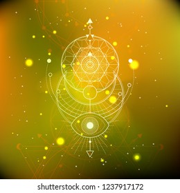 Vector illustration of Sacred or mystic symbol on abstract background. Geometric sign drawn in lines. Multicolored. For you design and magic craft.