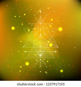 Vector illustration of Sacred or mystic symbol on abstract background. Geometric sign drawn in lines. Multicolored. For you design and magic craft.