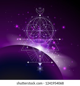 Vector illustration of Sacred or mystic symbol against the space background with sunrise and stars. Abstract geometric sign drawn in lines. Multicolored. 