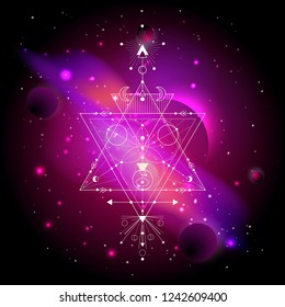Vector illustration of Sacred or mystic symbol against the space background with planets and stars. Abstract geometric signs drawn in lines. Multicolored. 