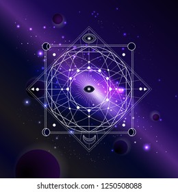 Vector illustration of Sacred or mystic symbol against the space background with galaxy and stars. Abstract geometric sign drawn in lines. Multicolored. 