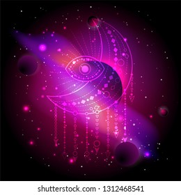 Vector illustration of Sacred or mystic symbol against the space background with planets and stars. Abstract geometric signs drawn in lines. Multicolored. 