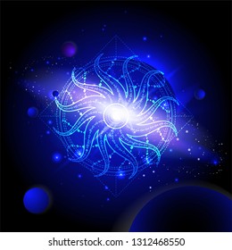 Vector illustration of Sacred or mystic symbol against the space background with planets and stars. Abstract geometric signs drawn in lines. Multicolored. 