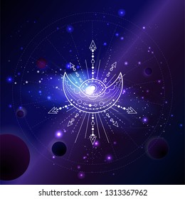 Vector illustration of Sacred or mystic symbol against the space background with planets and stars.  Abstract geometric sign drawn in lines. Multicolored. 