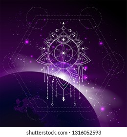 Vector illustration of Sacred or mystic symbol against the space background with sunrise and stars. Abstract geometric sign drawn in lines. Multicolored. 