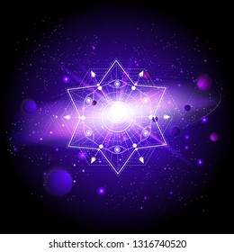 Vector illustration of Sacred or mystic symbol against the space background with planets and stars. Abstract geometric signs drawn in lines. Multicolored. 