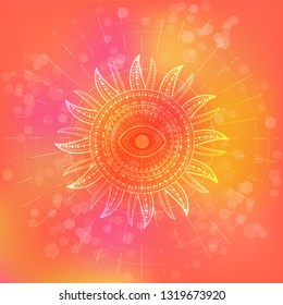 Vector illustration of Sacred or mystic symbol on abstract background. Geometric sign drawn in lines. Pink and orange color. For you design and magic craft.