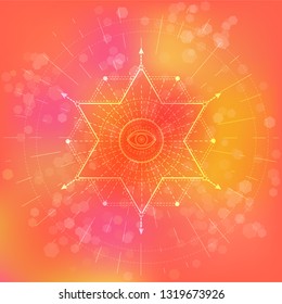 Vector illustration of Sacred or mystic symbol on abstract background. Geometric sign drawn in lines. Pink and orange color. For you design and magic craft.