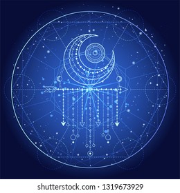 Vector illustration of Sacred or mystic symbol on abstract background. Geometric sign drawn in lines. Blue color. For you design and magic craft.