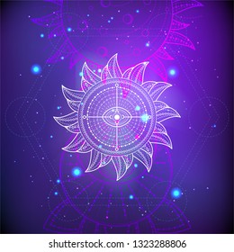 Vector illustration of Sacred or mystic symbol on abstract background. Geometric sign drawn in lines. Purple and pink color. For you design and magic craft.