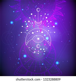 Vector illustration of Sacred or mystic symbol on abstract background. Geometric sign drawn in lines. Purple and pink color. For you design and magic craft.