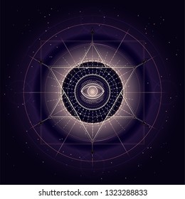 Vector illustration of Sacred or mystic symbol on abstract background. Geometric sign drawn in lines. Golden and purple color. For you design and magic craft.