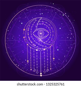 Vector illustration of Sacred or mystic symbol on abstract background. Geometric sign drawn in lines. Golden and purple color. For you design and magic craft.