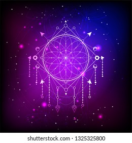 Vector illustration of Sacred or mystic symbol on abstract background. Geometric sign drawn in lines. Blue and pink color. For you design and magic craft.