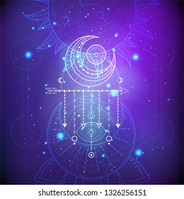 Vector illustration of Sacred or mystic symbol on abstract background. Geometric sign drawn in lines. Purple and blue color. For you design and magic craft.