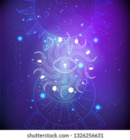 Vector illustration of Sacred or mystic symbol on abstract background. Geometric sign drawn in lines. Purple and blue color. For you design and magic craft.