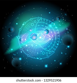 Vector illustration of Sacred or mystic symbol against the space background with planets and stars. Abstract geometric signs drawn in lines. Multicolored. 