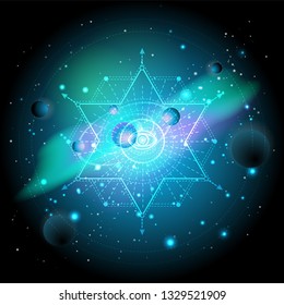 Vector illustration of Sacred or mystic symbol against the space background with planets and stars. Abstract geometric signs drawn in lines. Multicolored. 