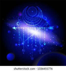 Vector illustration of Sacred or mystic symbol against the space background with planets and stars. Abstract geometric signs drawn in lines. 