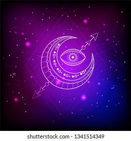 Vector illustration of Sacred or mystic symbol on abstract background. Geometric sign drawn in lines. Blue and pink color. For you design and magic craft.