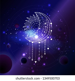 Vector illustration of Sacred or mystic symbol against the space background with planets and stars. Abstract geometric sign drawn in lines. Multicolored. 