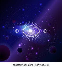 Vector illustration of Sacred or mystic symbol against the space background with planets and stars. Abstract geometric sign drawn in lines. Multicolored. 