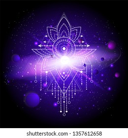 Vector illustration of Sacred or mystic symbol against the space background with planets and stars. Abstract geometric signs drawn in lines. Multicolored. 