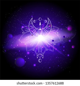 Vector illustration of Sacred or mystic symbol against the space background with planets and stars. Abstract geometric signs drawn in lines. Multicolored. 