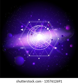 Vector illustration of Sacred or mystic symbol against the space background with planets and stars. Abstract geometric signs drawn in lines. Multicolored. 