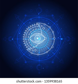 Vector illustration of Sacred or mystic symbol on abstract background. Geometric sign drawn in lines. Blue color. For you design and magic craft.