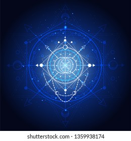 Vector illustration of Sacred or mystic symbol on abstract background. Geometric sign drawn in lines. Blue color. For you design and magic craft.