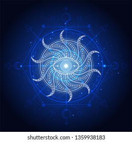 Vector illustration of Sacred or mystic symbol on abstract background. Geometric sign drawn in lines. Blue color. For you design and magic craft.