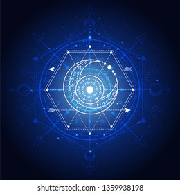 Vector illustration of Sacred or mystic symbol on abstract background. Geometric sign drawn in lines. Blue color. For you design and magic craft.