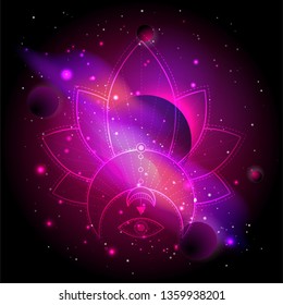 Vector illustration of Sacred or mystic symbol against the space background with planets and stars. Abstract geometric signs drawn in lines. Multicolored. 