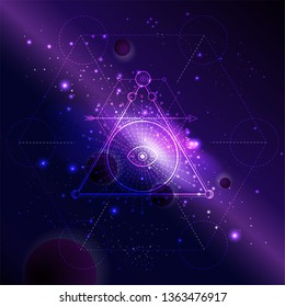 Vector illustration of Sacred or mystic symbol against the space background with galaxy and stars. Abstract geometric sign drawn in lines. Multicolored.  