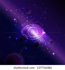 Vector illustration of Sacred or mystic symbol against the space background with galaxy and stars. Abstract geometric sign drawn in lines. Multicolored.  