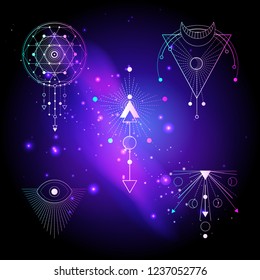 Vector illustration of Sacred or mystic symbols on abstract background. Geometric signs drawn in lines. Multicolored. For you design and magic craft.