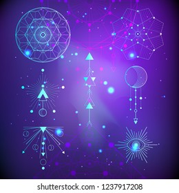 Vector illustration of Sacred or mystic symbols on abstract background. Geometric signs drawn in lines. Multicolored. For you design and magic craft.