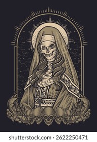Vector illustration of a sacred nun skull , detailed robes, and skulls, engraving ornament style, blending gothic and spiritual themes.