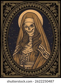 Ilustração vetorial de um crânio sagrado de freira , vestes detalhadas, e crânios, gravura estilo ornamento, misturando temas góticos e espirituais.